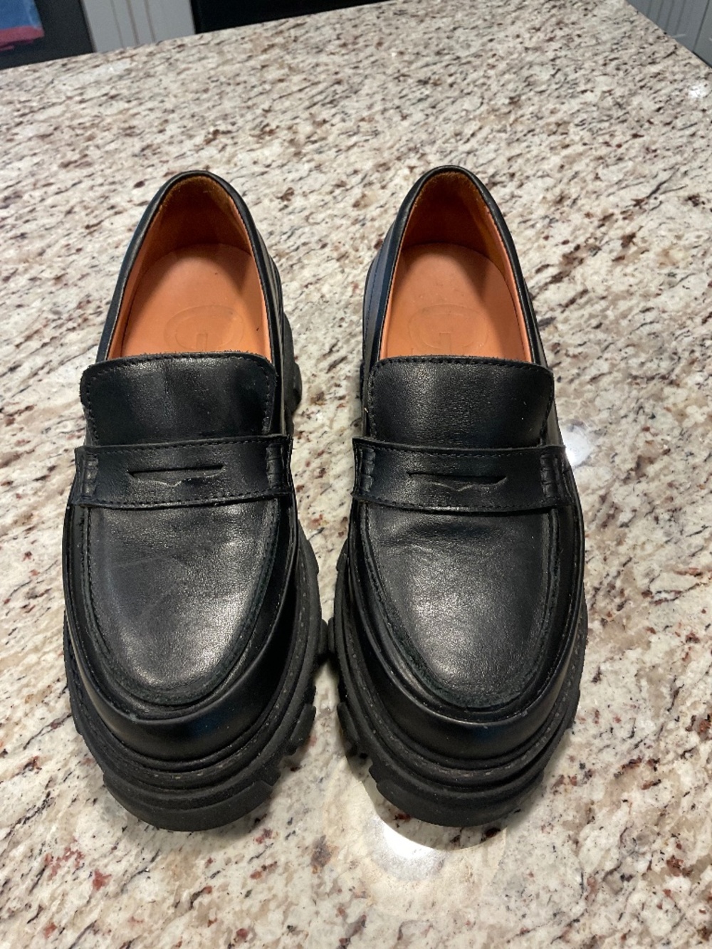 Ganni Chunky Lug Sole Penny Loafers — Black Leather — Size 37